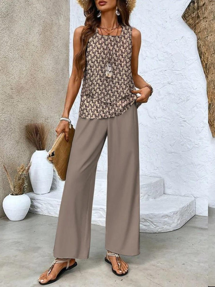 Plus Size Zweiteiler Set Ärmellose Bluse Weite Hose - Brown