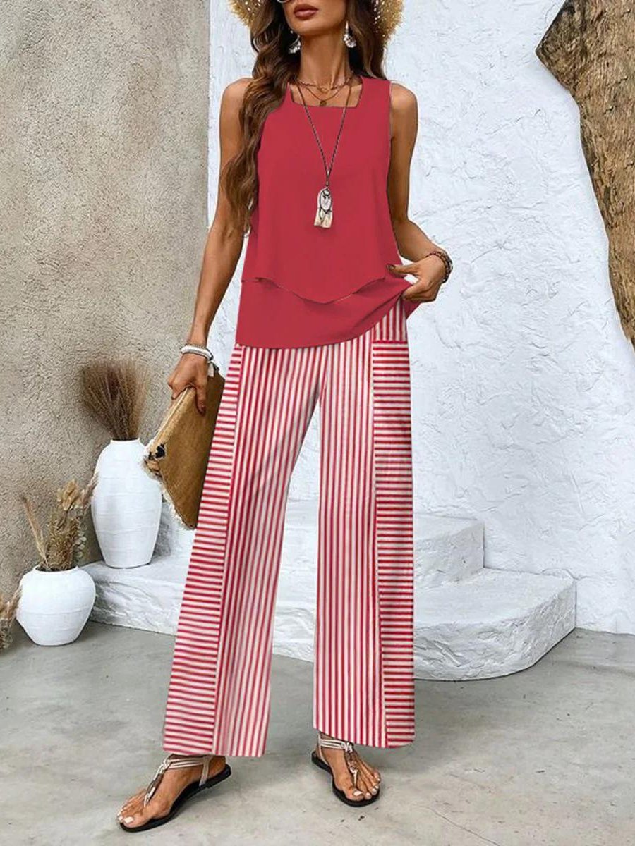 Plus Size Zweiteiler Set Ärmellose Bluse Weite Hose - Red