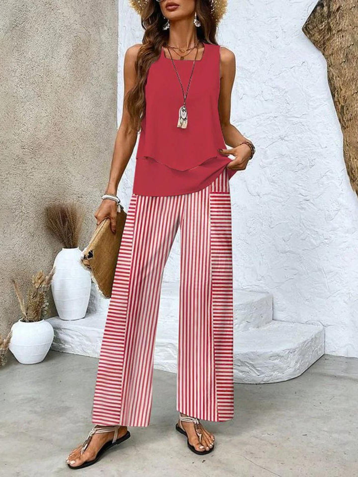 Plus Size Zweiteiler Set Ärmellose Bluse Weite Hose - Red