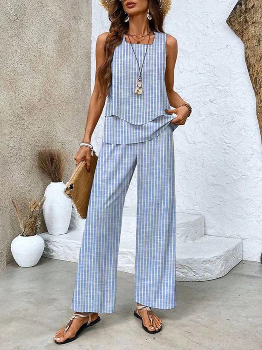 Plus Size Zweiteiler Set Ärmellose Bluse Weite Hose - Stripes