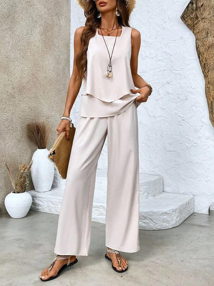 Plus Size Zweiteiler Set Ärmellose Bluse Weite Hose - Beige