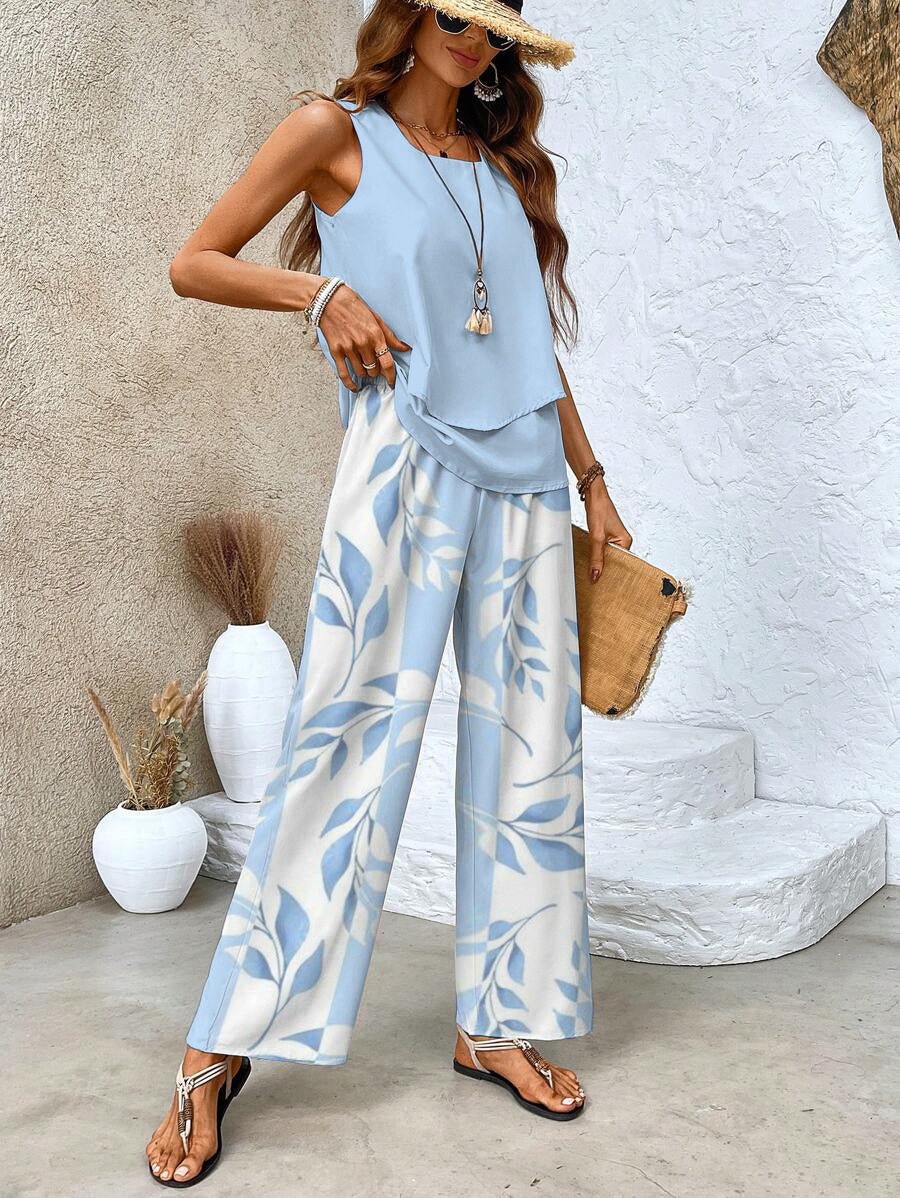 Plus Size Zweiteiler Set Ärmellose Bluse Weite Hose