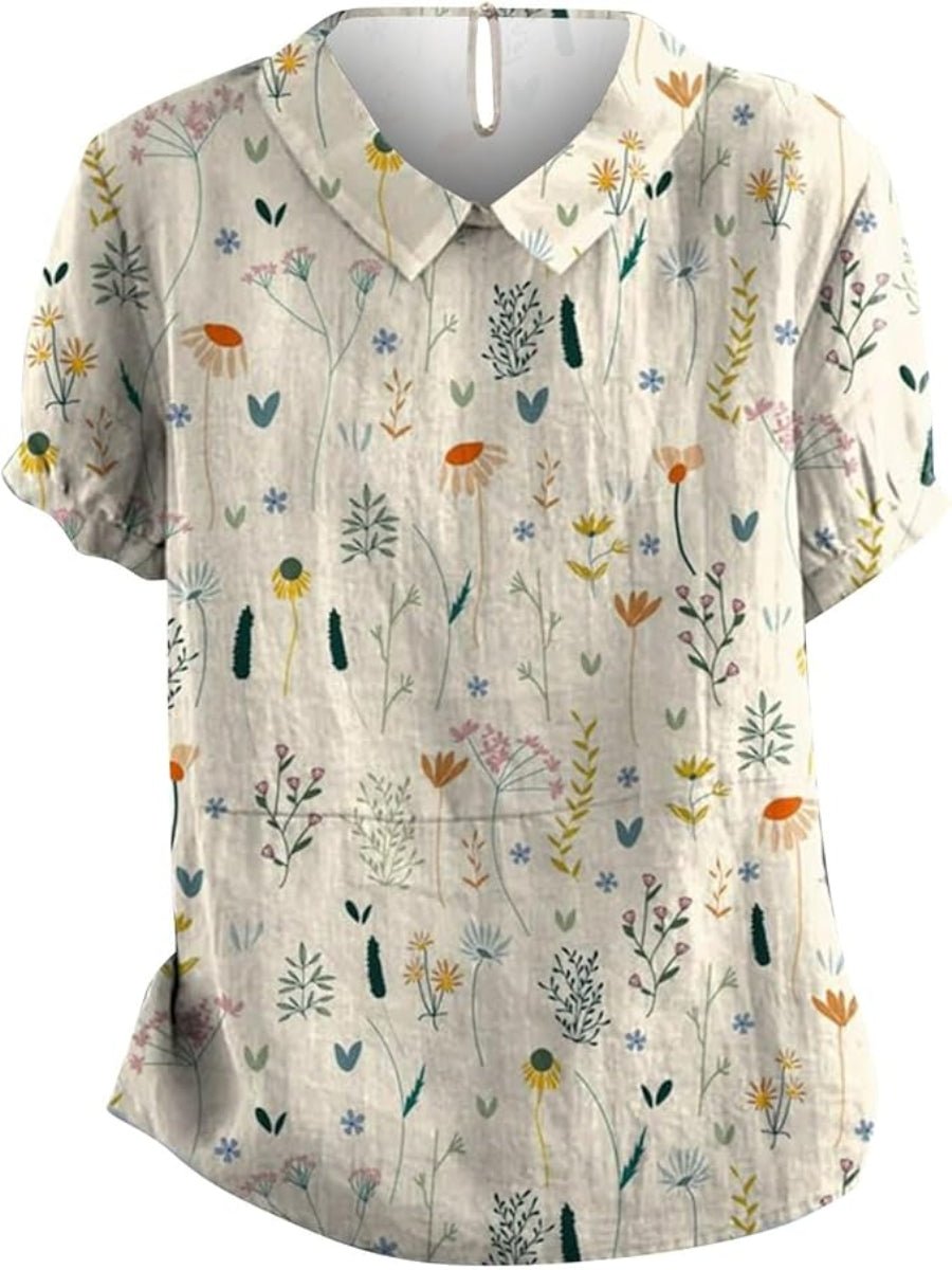 Polo Shirt Damen Blumenmuster Locker Geschnitten Kragen - White