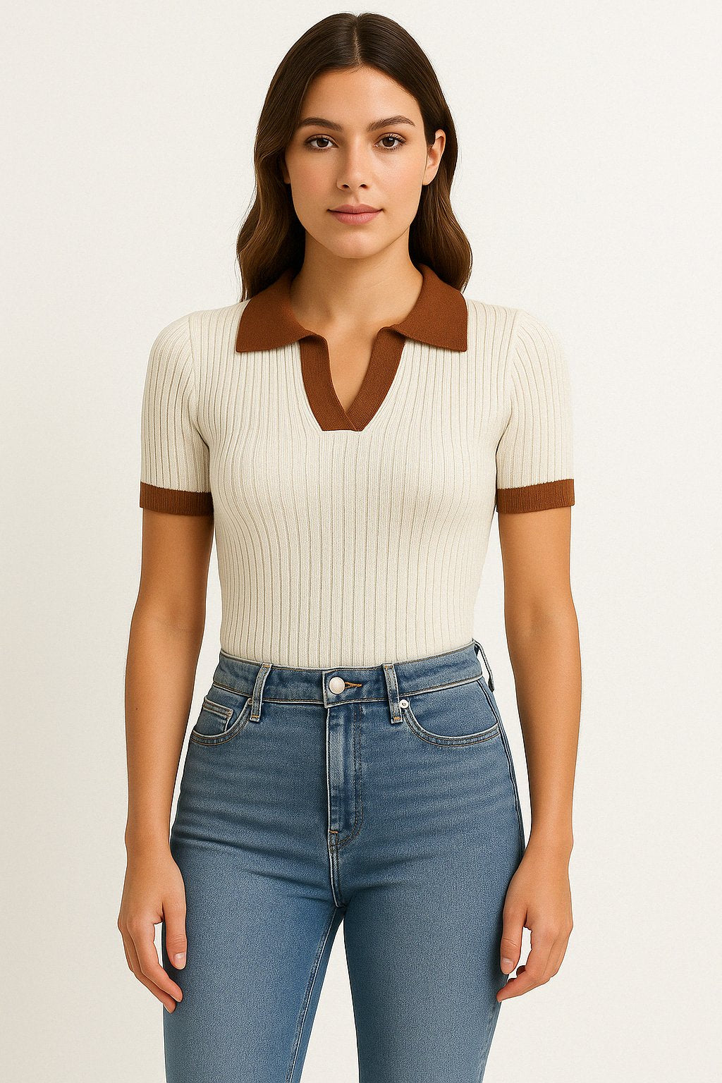 Polo Shirt Damen Gerippt Tailliert Kurze Ärmel