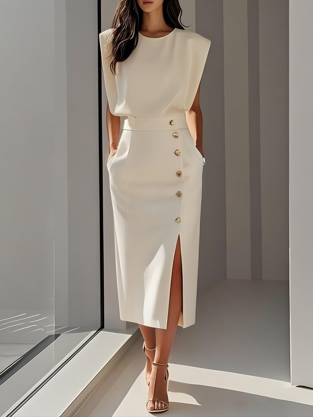 Ärmelloses Midi Kleid mit Knopfleiste - Beige
