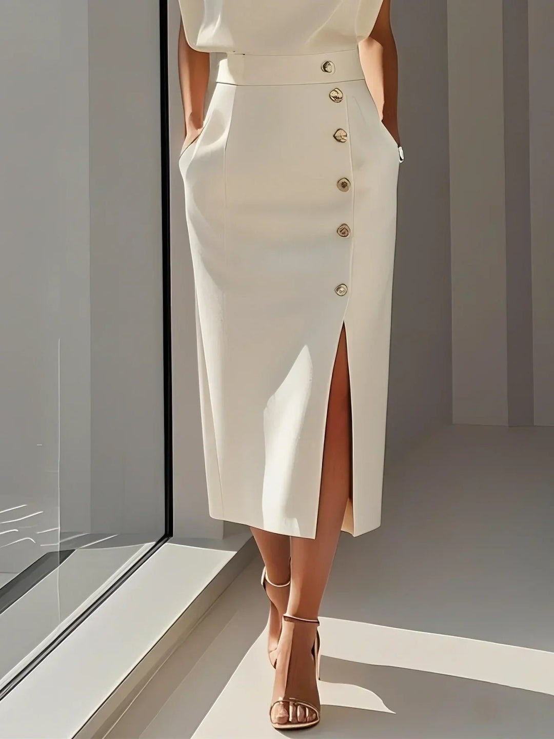 Ärmelloses Midi Kleid mit Knopfleiste