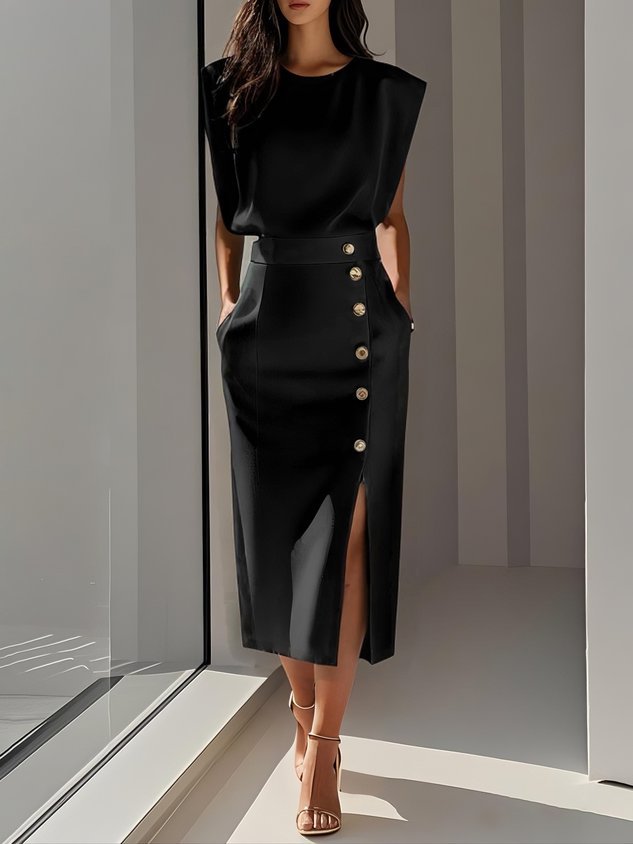 Ärmelloses Midi Kleid mit Knopfleiste - Black