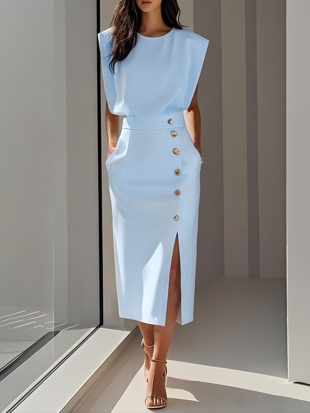 Ärmelloses Midi Kleid mit Knopfleiste - Light Blue