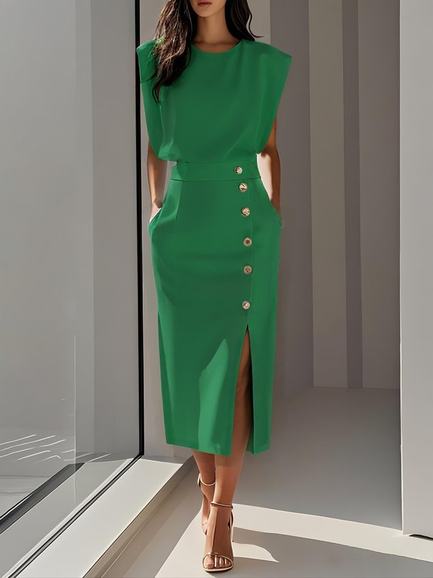 Ärmelloses Midi Kleid mit Knopfleiste - Green