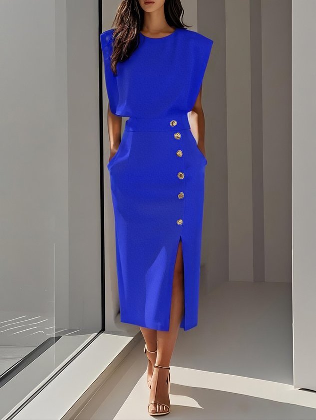 Ärmelloses Midi Kleid mit Knopfleiste - Royal Blue