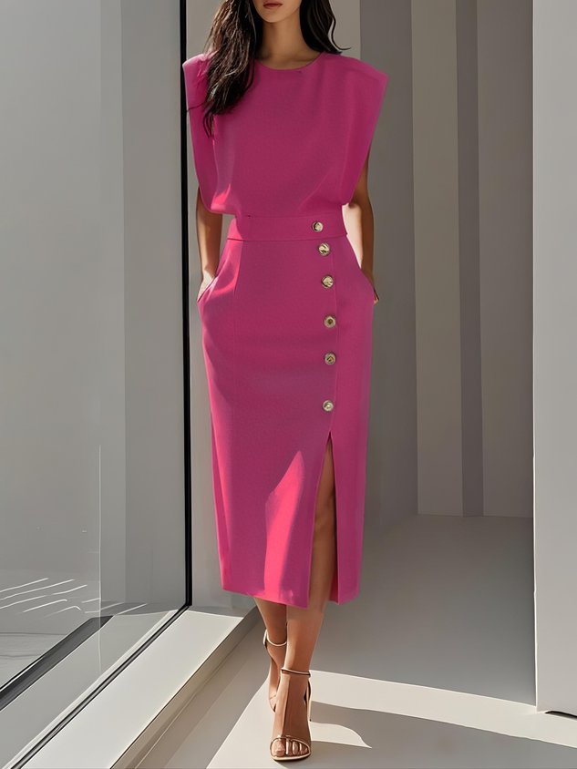Ärmelloses Midi Kleid mit Knopfleiste - Bright Pink