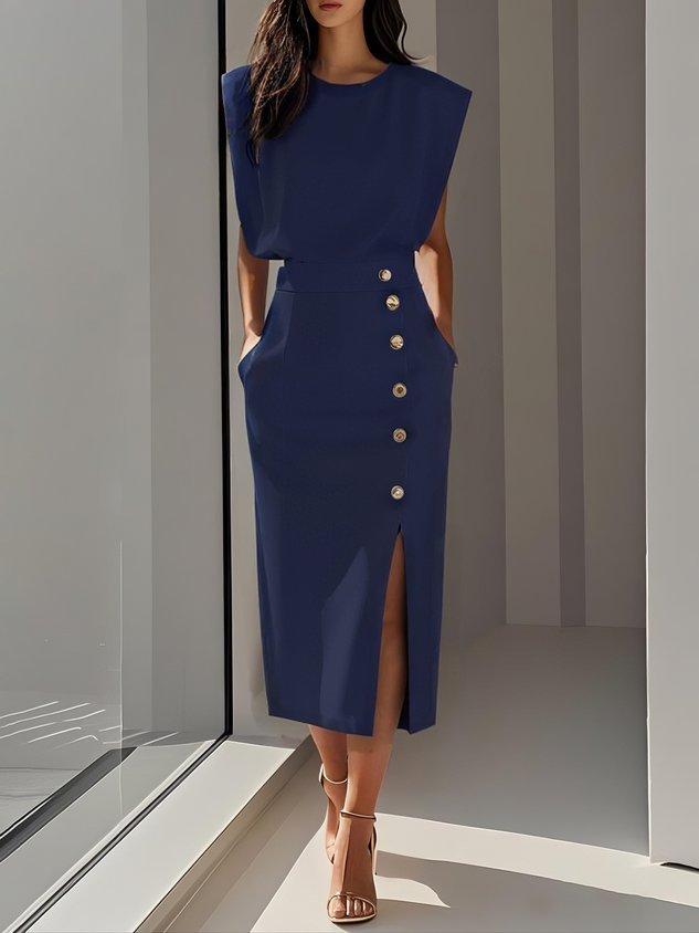 Ärmelloses Midi Kleid mit Knopfleiste - Blue