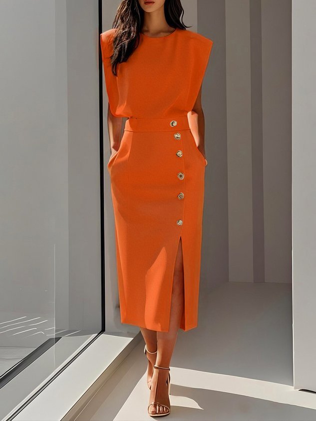 Ärmelloses Midi Kleid mit Knopfleiste - Orange