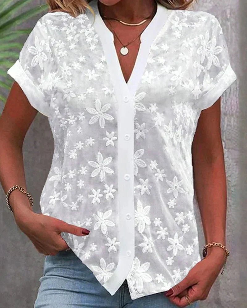 Spitzenbluse Kurzarm V-Ausschnitt Blumenmuster - White